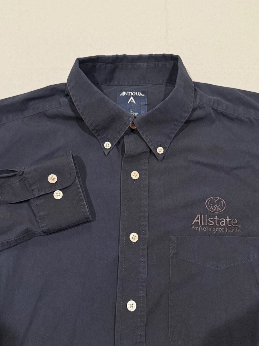 Antigua Allstate Button Up Shirt Mens Large L Navy Blue Long Sleeve Logo Pocket